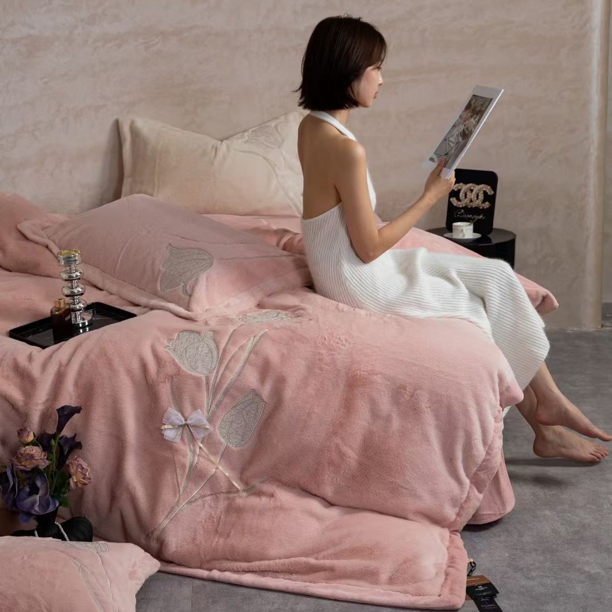 91家纺网 家纺一手货源 找家纺 2026新款高端高克重水貂绒四件套-漫枝系列 漫枝 玉色