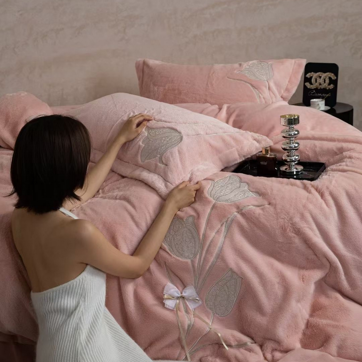 玖琳家纺 2026新款高端高克重水貂绒四件套-漫枝系列 漫枝 玉色