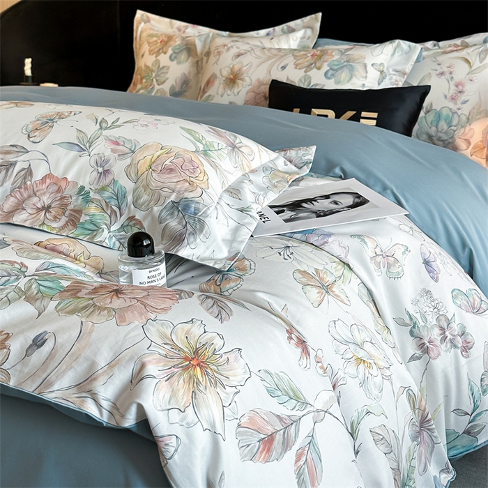 91家纺网 家纺一手货源 找家纺 （总）蓝米卡夫 2026春季新款-60S长绒棉数码印花贡缎系列四件套（礼盒）