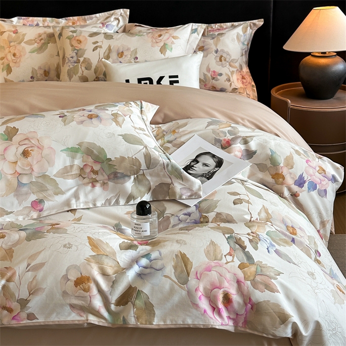 91家纺网 家纺一手货源 找家纺 蓝米卡夫 2026春季新款-60S长绒棉数码印花贡缎系列四件套（礼盒） 繁花春城