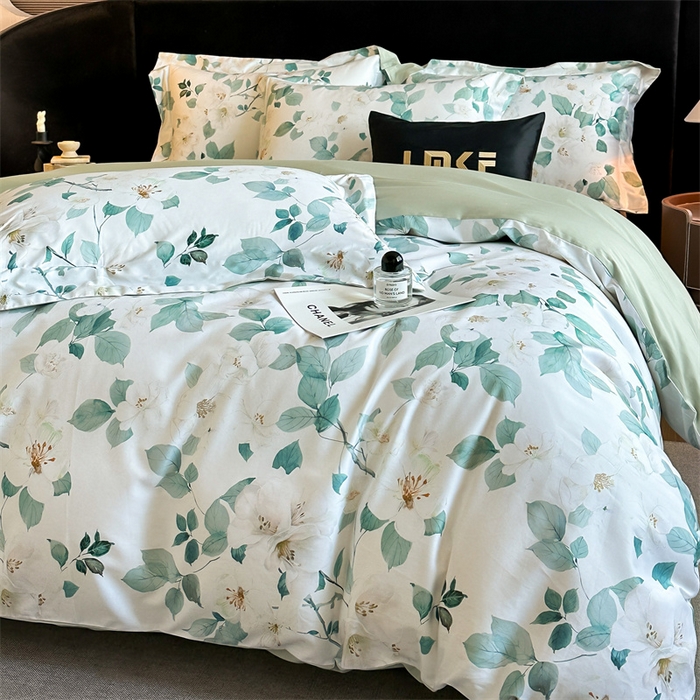 91家纺网 家纺一手货源 找家纺 蓝米卡夫 2026春季新款-60S长绒棉数码印花贡缎系列四件套（礼盒） 芳香情思-绿