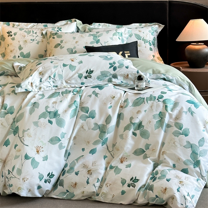 91家纺网 家纺一手货源 找家纺 蓝米卡夫 2026春季新款-60S长绒棉数码印花贡缎系列四件套（礼盒） 芳香情思-绿