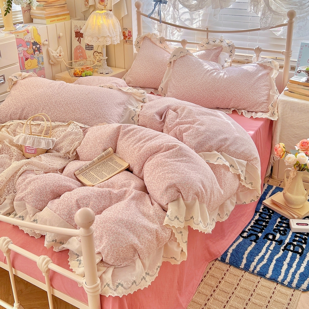 91家纺网 家纺一手货源 找家纺 （总）金丝鸟家纺 2026新款纯棉全棉双层纱刺绣花边款四件套