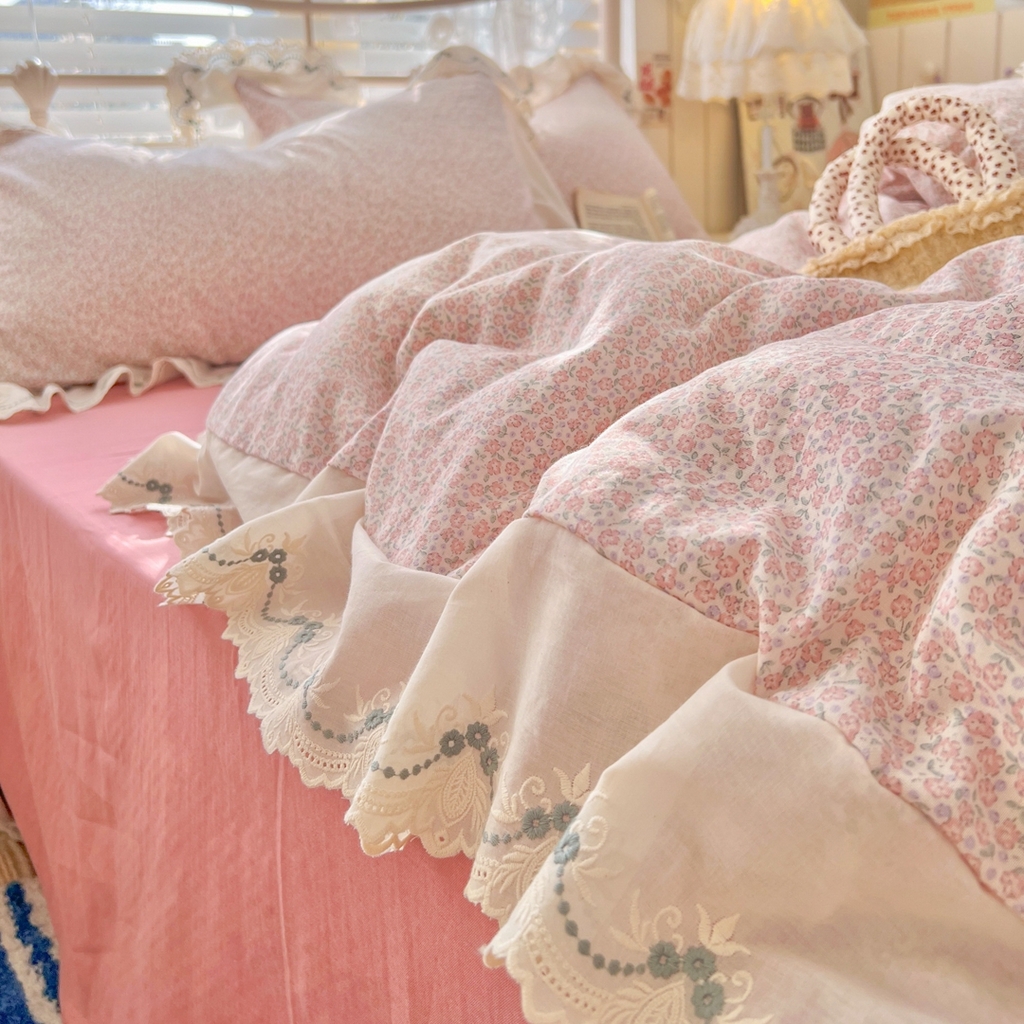 91家纺网 家纺一手货源 找家纺 （总）金丝鸟家纺 2026新款纯棉全棉双层纱刺绣花边款四件套