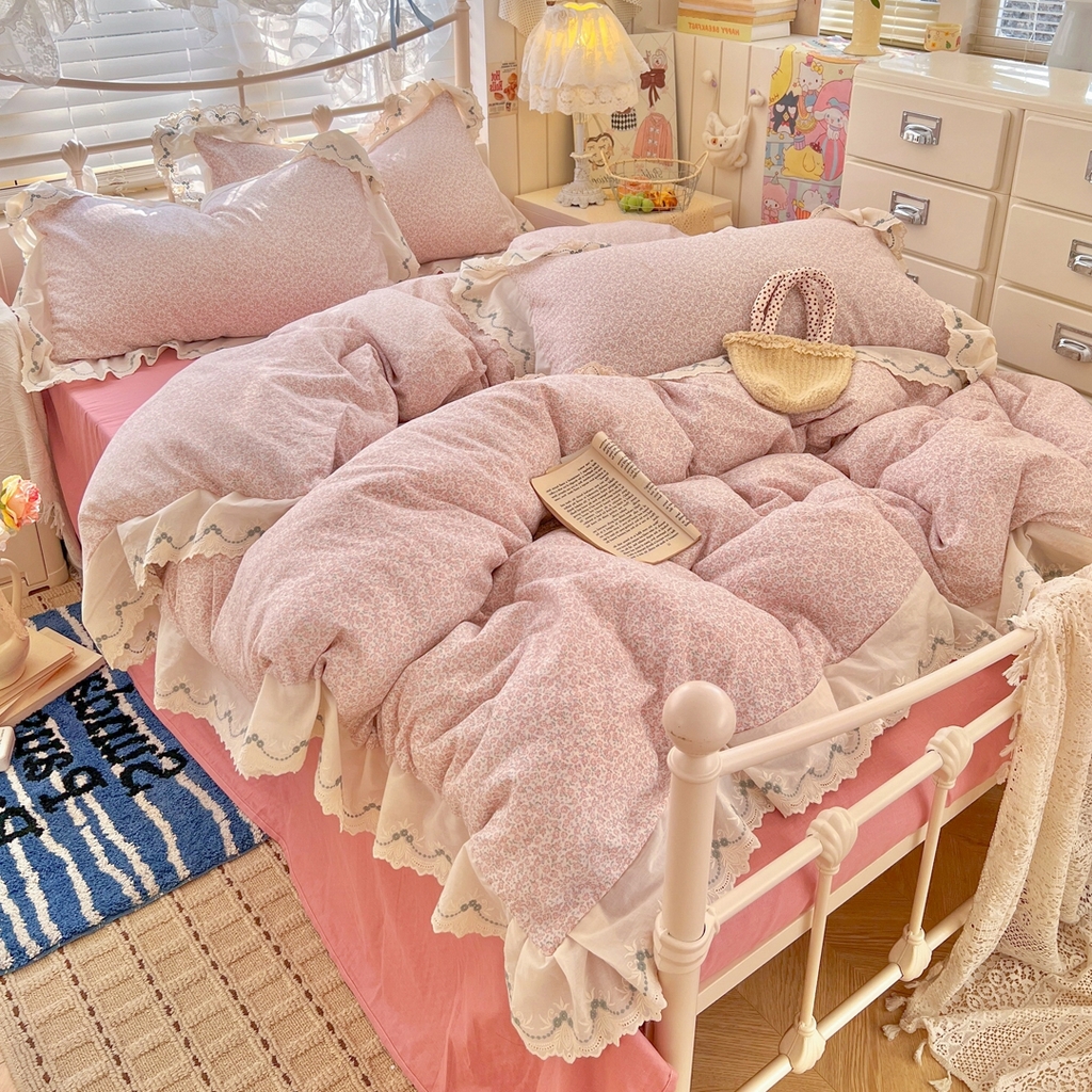 91家纺网 家纺一手货源 找家纺 （总）金丝鸟家纺 2026新款纯棉全棉双层纱刺绣花边款四件套