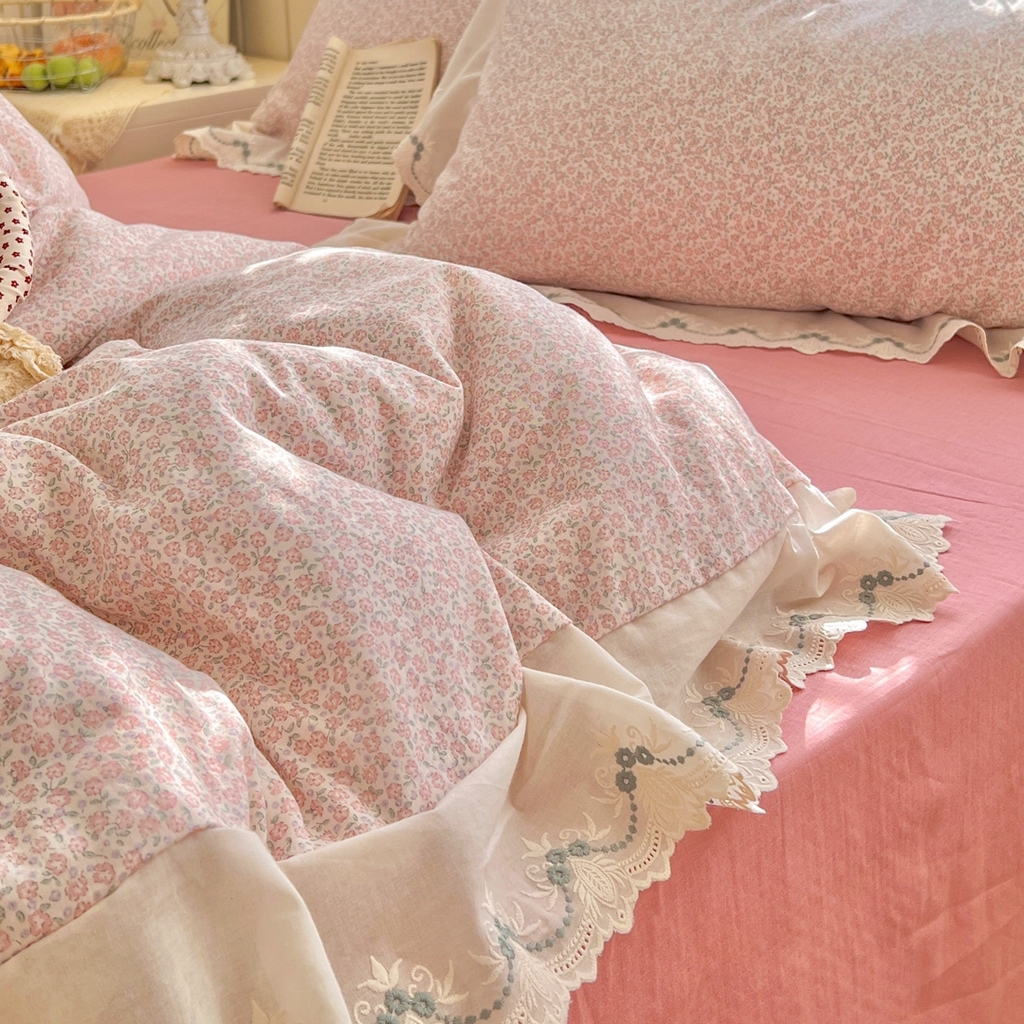 91家纺网 家纺一手货源 找家纺 （总）金丝鸟家纺 2026新款纯棉全棉双层纱刺绣花边款四件套