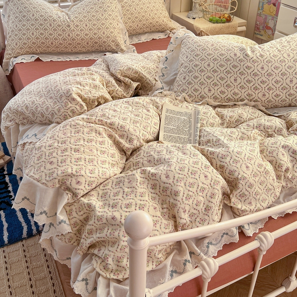 91家纺网 家纺一手货源 找家纺 （总）金丝鸟家纺 2026新款纯棉全棉双层纱刺绣花边款四件套