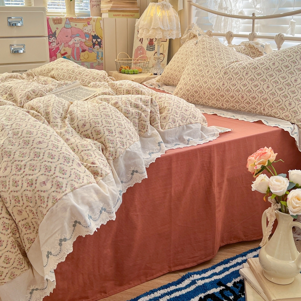 91家纺网 家纺一手货源 找家纺 金丝鸟家纺 2026新款纯棉全棉双层纱刺绣花边款四件套 兔隐织