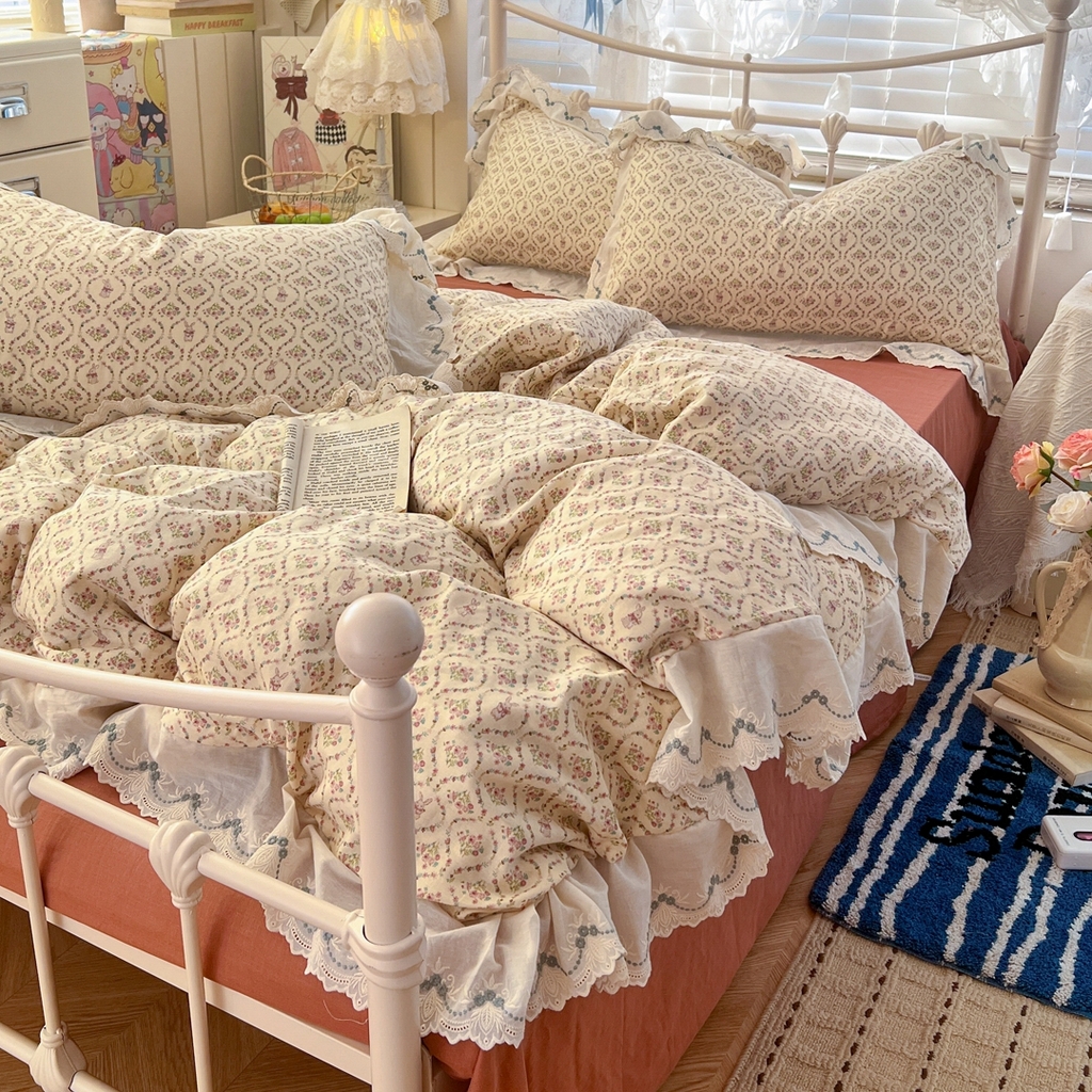 91家纺网 家纺一手货源 找家纺 金丝鸟家纺 2026新款纯棉全棉双层纱刺绣花边款四件套 兔隐织