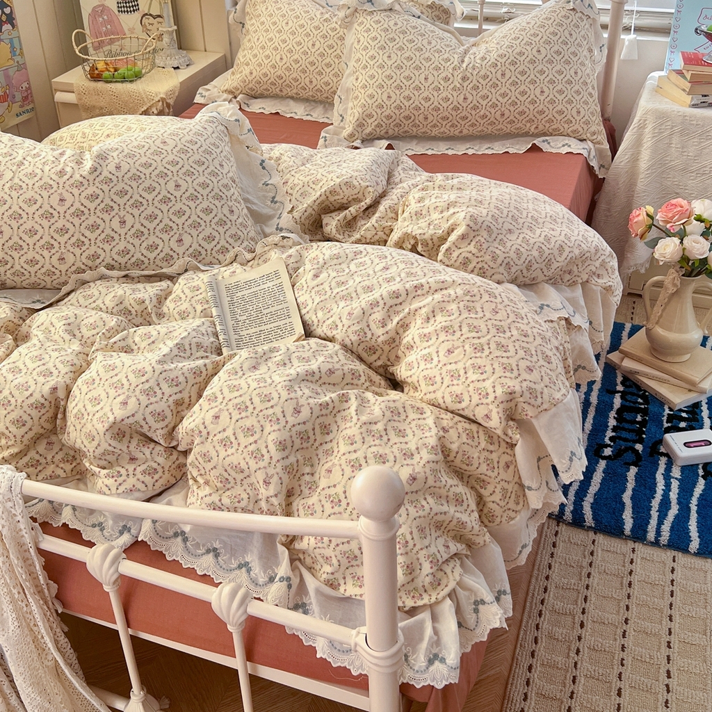 91家纺网 家纺一手货源 找家纺 金丝鸟家纺 2026新款纯棉全棉双层纱刺绣花边款四件套 兔隐织