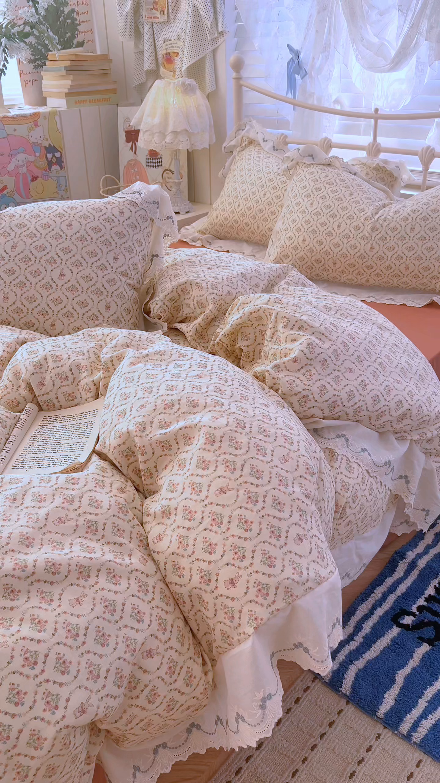 91家纺网 家纺一手货源 找家纺 金丝鸟家纺 2026新款纯棉全棉双层纱刺绣花边款四件套 兔隐织