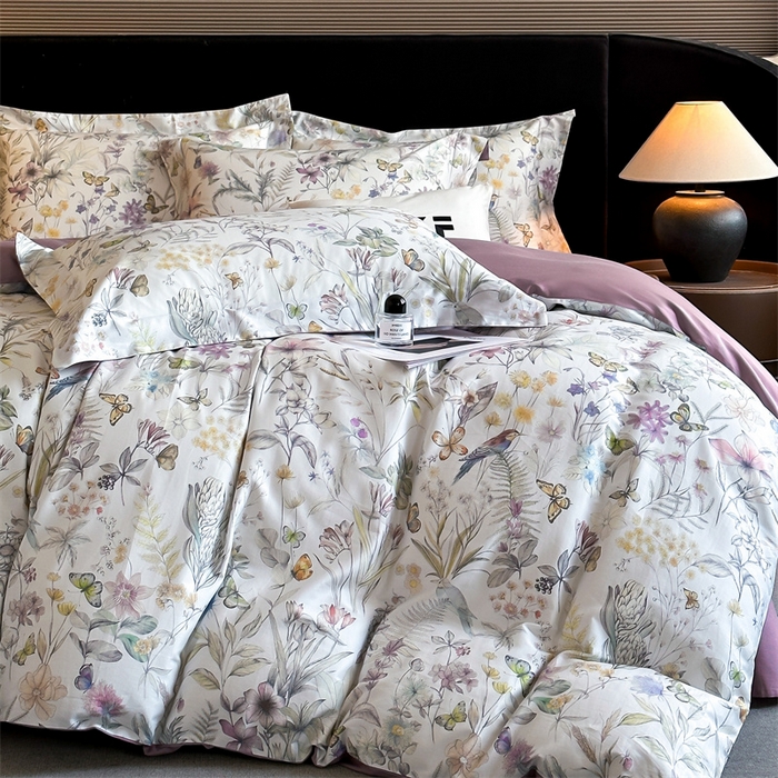 91家纺网 家纺一手货源 找家纺 蓝米卡夫 2026春季新款-60S长绒棉数码印花贡缎系列四件套（礼盒） 花枝嫣然