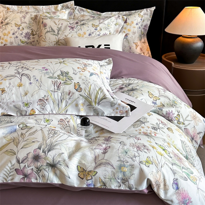 91家纺网 家纺一手货源 找家纺 蓝米卡夫 2026春季新款-60S长绒棉数码印花贡缎系列四件套（礼盒） 花枝嫣然