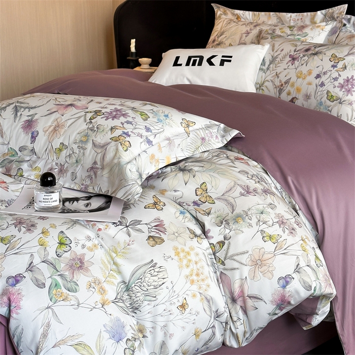 91家纺网 家纺一手货源 找家纺 蓝米卡夫 2026春季新款-60S长绒棉数码印花贡缎系列四件套（礼盒） 花枝嫣然