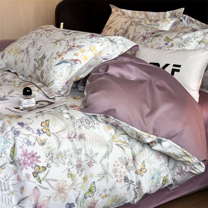 91家纺网 家纺一手货源 找家纺 蓝米卡夫 2026春季新款-60S长绒棉数码印花贡缎系列四件套（礼盒） 花枝嫣然