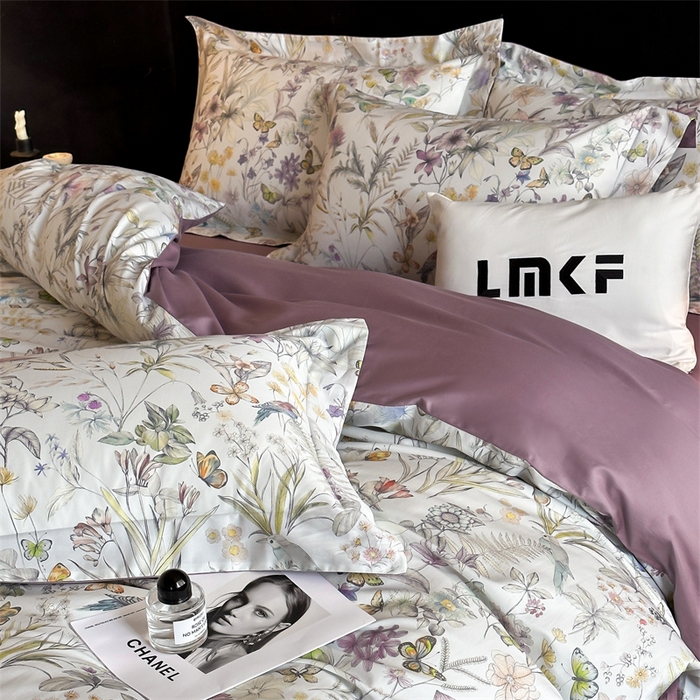 91家纺网 家纺一手货源 找家纺 蓝米卡夫 2026春季新款-60S长绒棉数码印花贡缎系列四件套（礼盒） 花枝嫣然