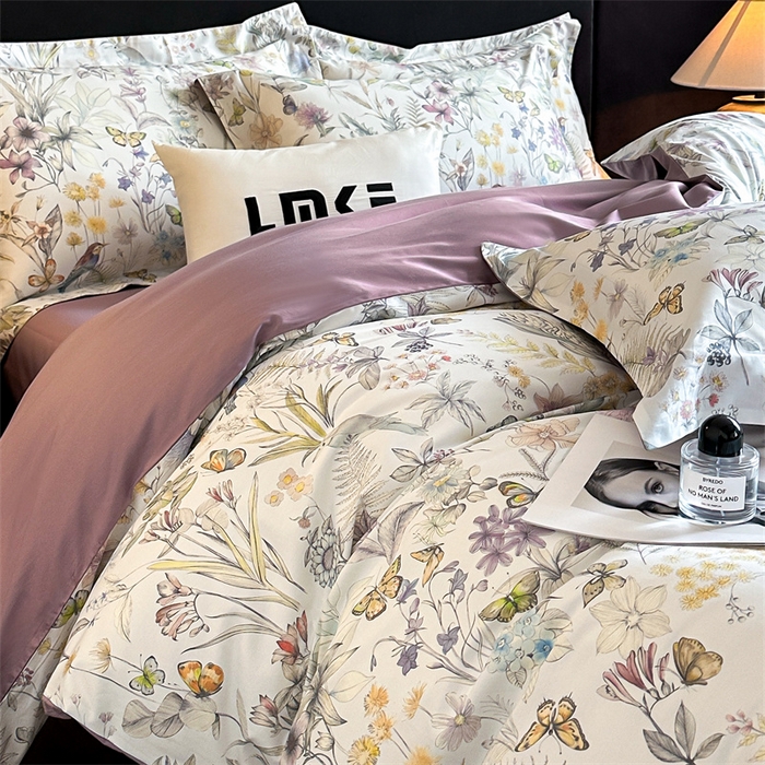 91家纺网 家纺一手货源 找家纺 蓝米卡夫 2026春季新款-60S长绒棉数码印花贡缎系列四件套（礼盒） 花枝嫣然