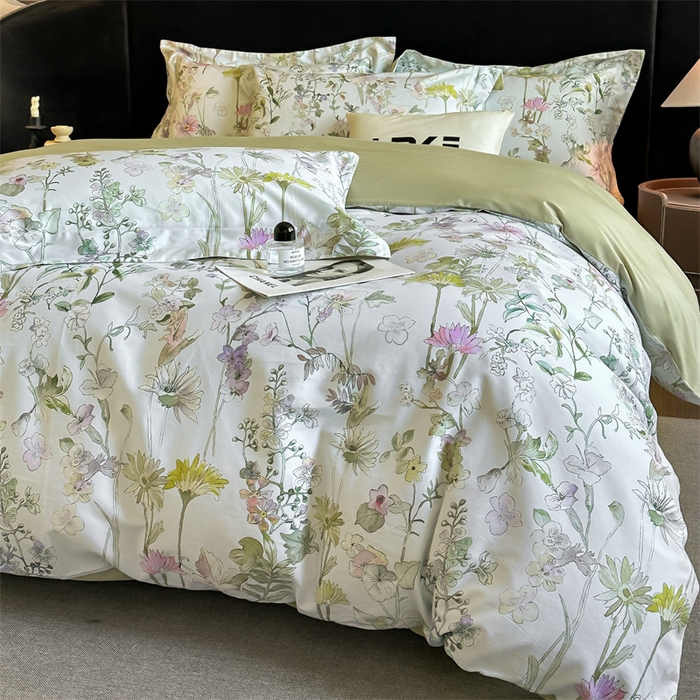 91家纺网 家纺一手货源 找家纺 蓝米卡夫 2026春季新款-60S长绒棉数码印花贡缎系列四件套（礼盒） 空谷幽兰-绿