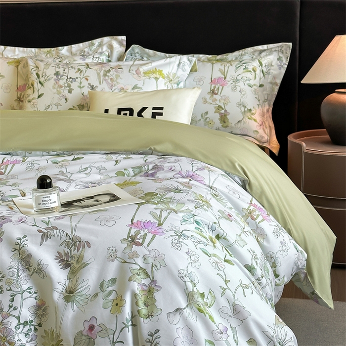 91家纺网 家纺一手货源 找家纺 蓝米卡夫 2026春季新款-60S长绒棉数码印花贡缎系列四件套（礼盒） 空谷幽兰-绿