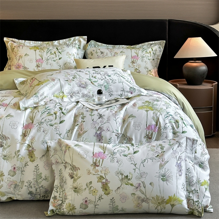 91家纺网 家纺一手货源 找家纺 蓝米卡夫 2026春季新款-60S长绒棉数码印花贡缎系列四件套（礼盒） 空谷幽兰-绿