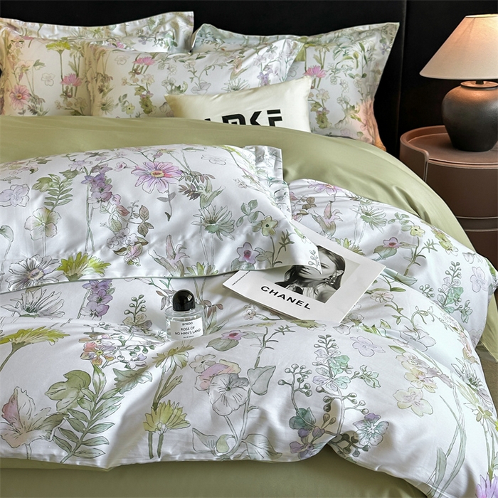 91家纺网 家纺一手货源 找家纺 蓝米卡夫 2026春季新款-60S长绒棉数码印花贡缎系列四件套（礼盒） 空谷幽兰-绿