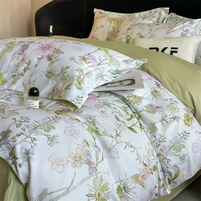 91家纺网 家纺一手货源 找家纺 蓝米卡夫 2026春季新款-60S长绒棉数码印花贡缎系列四件套（礼盒） 空谷幽兰-绿