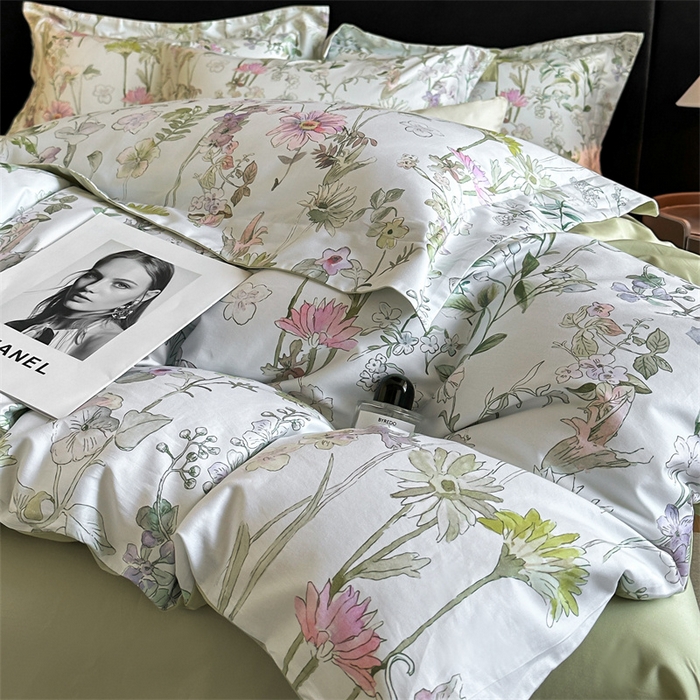 91家纺网 家纺一手货源 找家纺 蓝米卡夫 2026春季新款-60S长绒棉数码印花贡缎系列四件套（礼盒） 空谷幽兰-绿