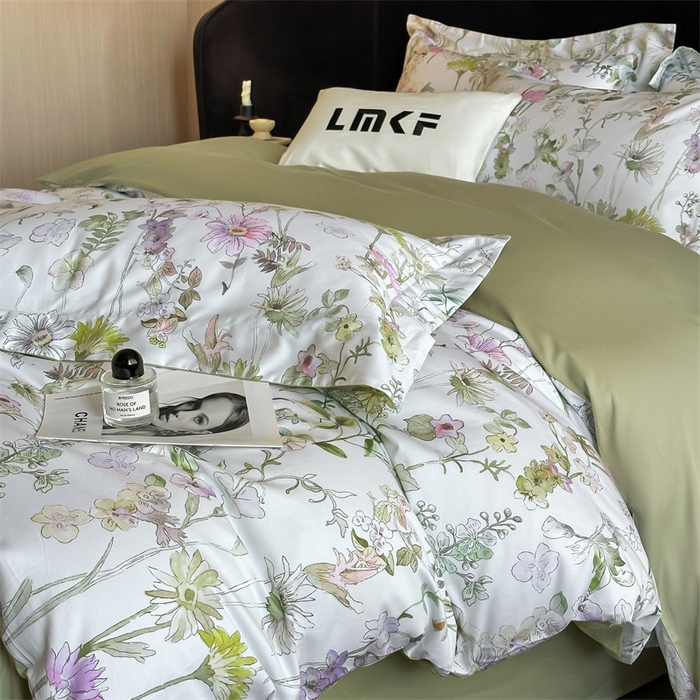 91家纺网 家纺一手货源 找家纺 蓝米卡夫 2026春季新款-60S长绒棉数码印花贡缎系列四件套（礼盒） 空谷幽兰-绿