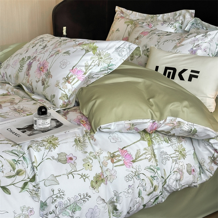 91家纺网 家纺一手货源 找家纺 蓝米卡夫 2026春季新款-60S长绒棉数码印花贡缎系列四件套（礼盒） 空谷幽兰-绿