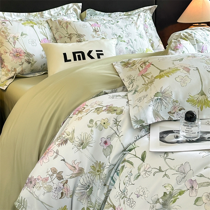 91家纺网 家纺一手货源 找家纺 蓝米卡夫 2026春季新款-60S长绒棉数码印花贡缎系列四件套（礼盒） 空谷幽兰-绿