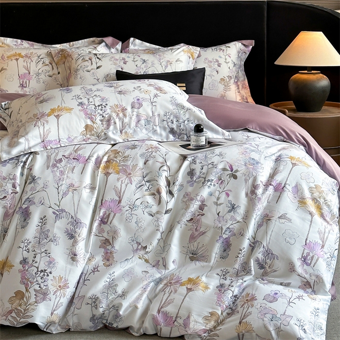 91家纺网 家纺一手货源 找家纺 蓝米卡夫 2026春季新款-60S长绒棉数码印花贡缎系列四件套（礼盒） 空谷幽兰-紫