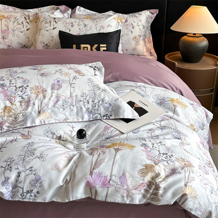 91家纺网 家纺一手货源 找家纺 蓝米卡夫 2026春季新款-60S长绒棉数码印花贡缎系列四件套（礼盒） 空谷幽兰-紫