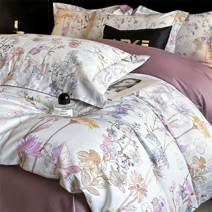 91家纺网 家纺一手货源 找家纺 蓝米卡夫 2026春季新款-60S长绒棉数码印花贡缎系列四件套（礼盒） 空谷幽兰-紫