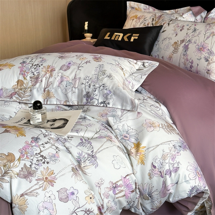 91家纺网 家纺一手货源 找家纺 蓝米卡夫 2026春季新款-60S长绒棉数码印花贡缎系列四件套（礼盒） 空谷幽兰-紫