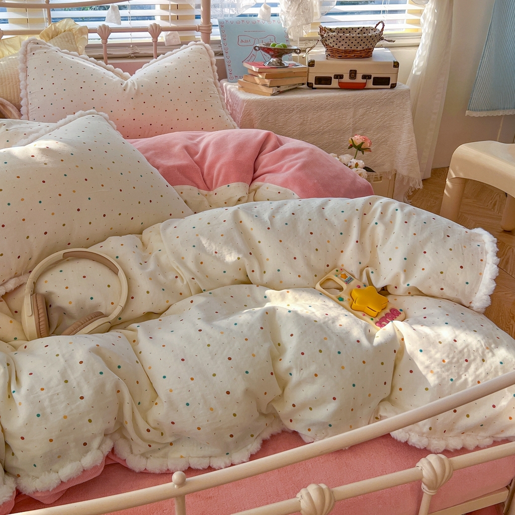 91家纺网 家纺一手货源 找家纺 （总）金丝鸟家纺 2026新款全棉双层纱加牛奶绒毛球花边四件套