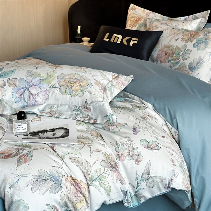 91家纺网 家纺一手货源 找家纺 蓝米卡夫 2026春季新款-60S长绒棉数码印花贡缎系列四件套（礼盒） 凝香玉露