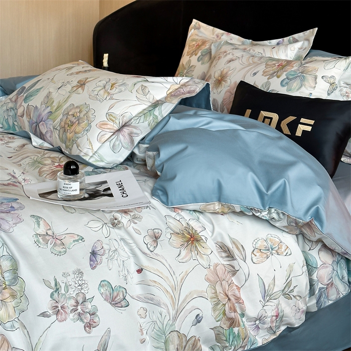 91家纺网 家纺一手货源 找家纺 蓝米卡夫 2026春季新款-60S长绒棉数码印花贡缎系列四件套（礼盒） 凝香玉露