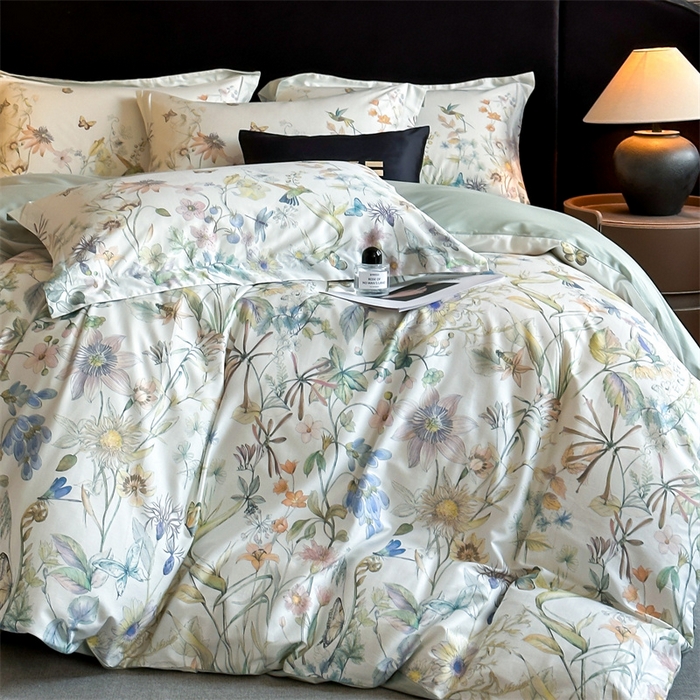 91家纺网 家纺一手货源 找家纺 蓝米卡夫 2026春季新款-60S长绒棉数码印花贡缎系列四件套（礼盒） 伊犁花甸