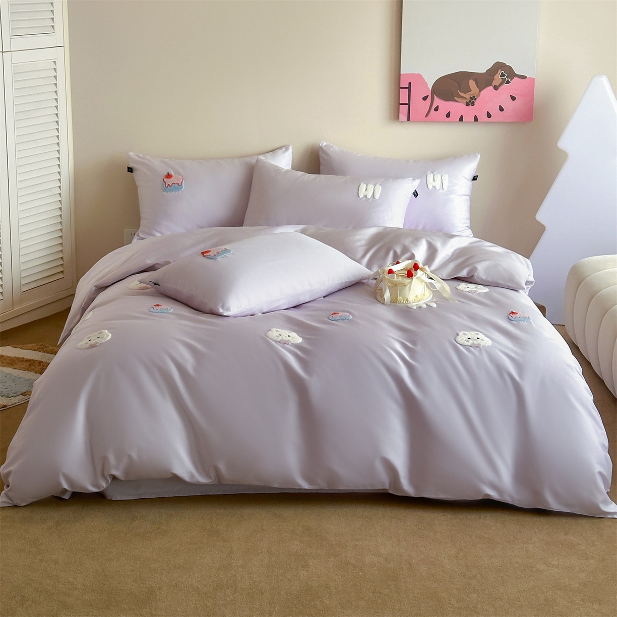 91家纺网 家纺一手货源 找家纺 蓝米卡夫 2026春季新款-100S长绒棉毛巾绣系列四件套-蛋糕兔兔（礼盒） 蛋糕兔兔-美丽梦幻紫