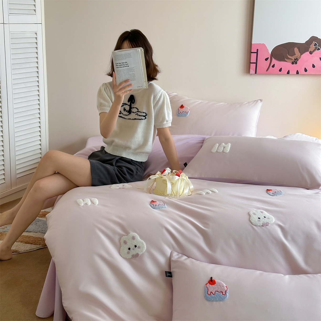 蓝米卡夫 2026春季新款-100S长绒棉毛巾绣系列四件套-蛋糕兔兔（礼盒） 蛋糕兔兔-桃粉幻紫