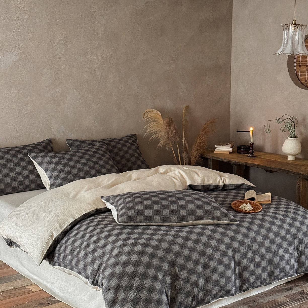 91家纺网 家纺一手货源 找家纺 （总）爱丽丝 2026新款色织提花棉麻系带款四件套-经典格