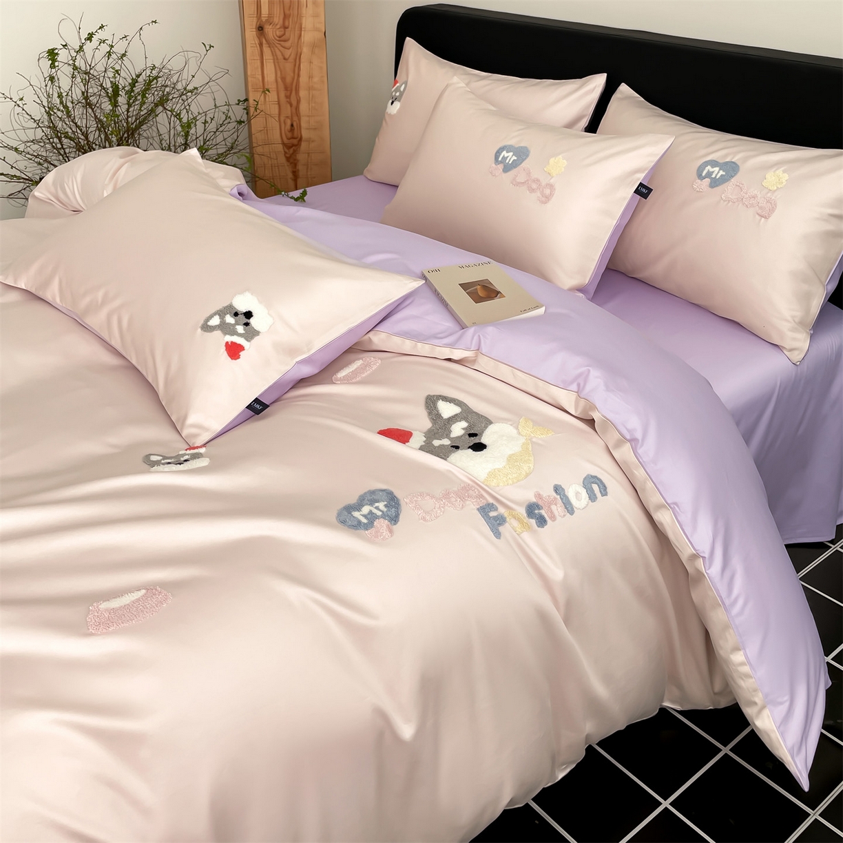 91家纺网 家纺一手货源 找家纺 （总）蓝米卡夫 2026春季新款-100S长绒棉毛巾绣系列四件套-雪纳瑞（礼盒）