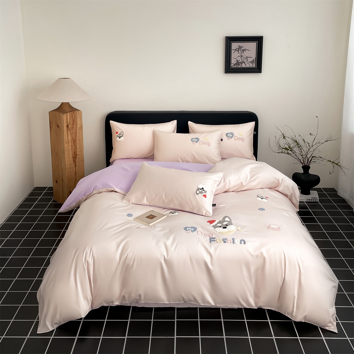 91家纺网 家纺一手货源 找家纺 （总）蓝米卡夫 2026春季新款-100S长绒棉毛巾绣系列四件套-雪纳瑞（礼盒）