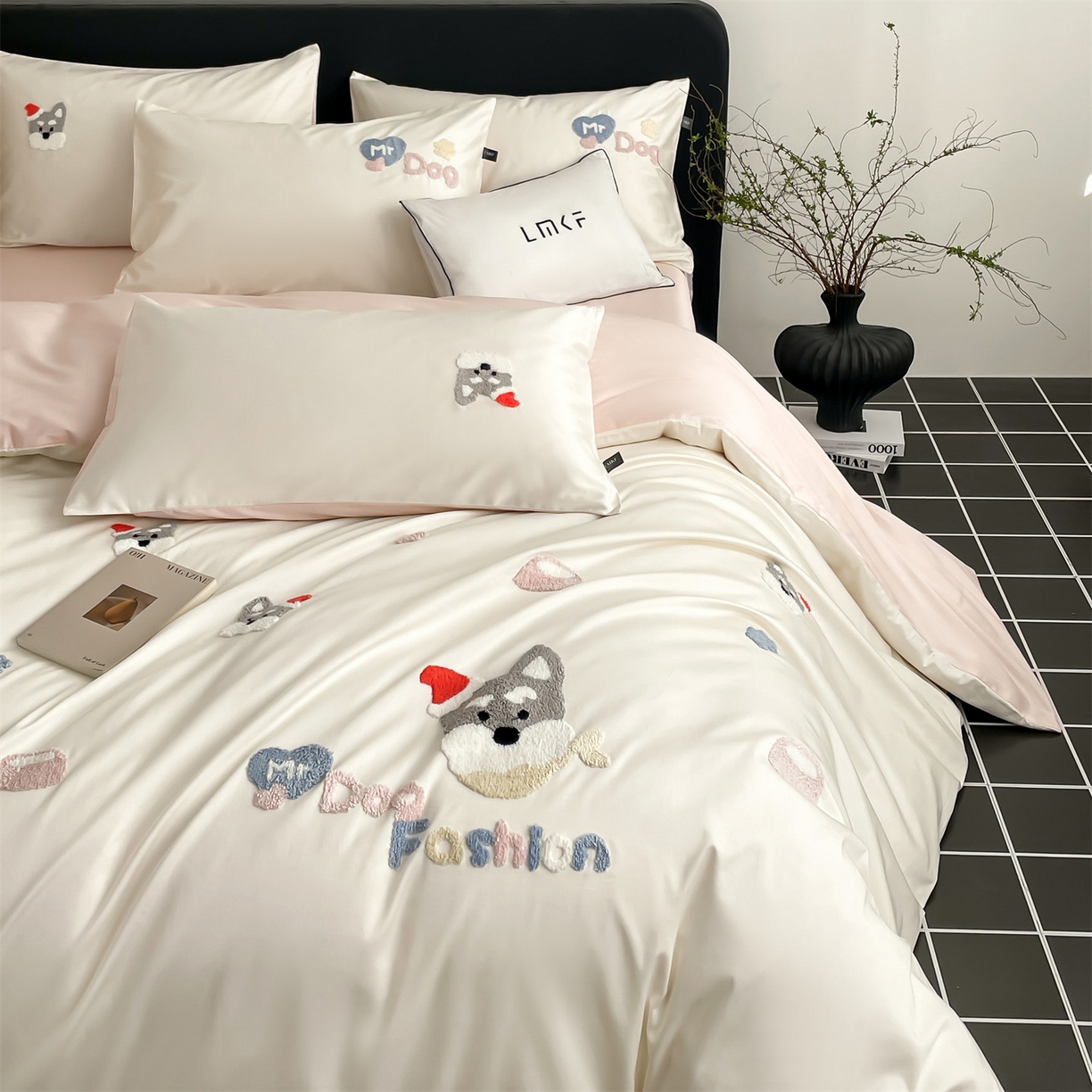 91家纺网 家纺一手货源 找家纺 （总）蓝米卡夫 2026春季新款-100S长绒棉毛巾绣系列四件套-雪纳瑞（礼盒）