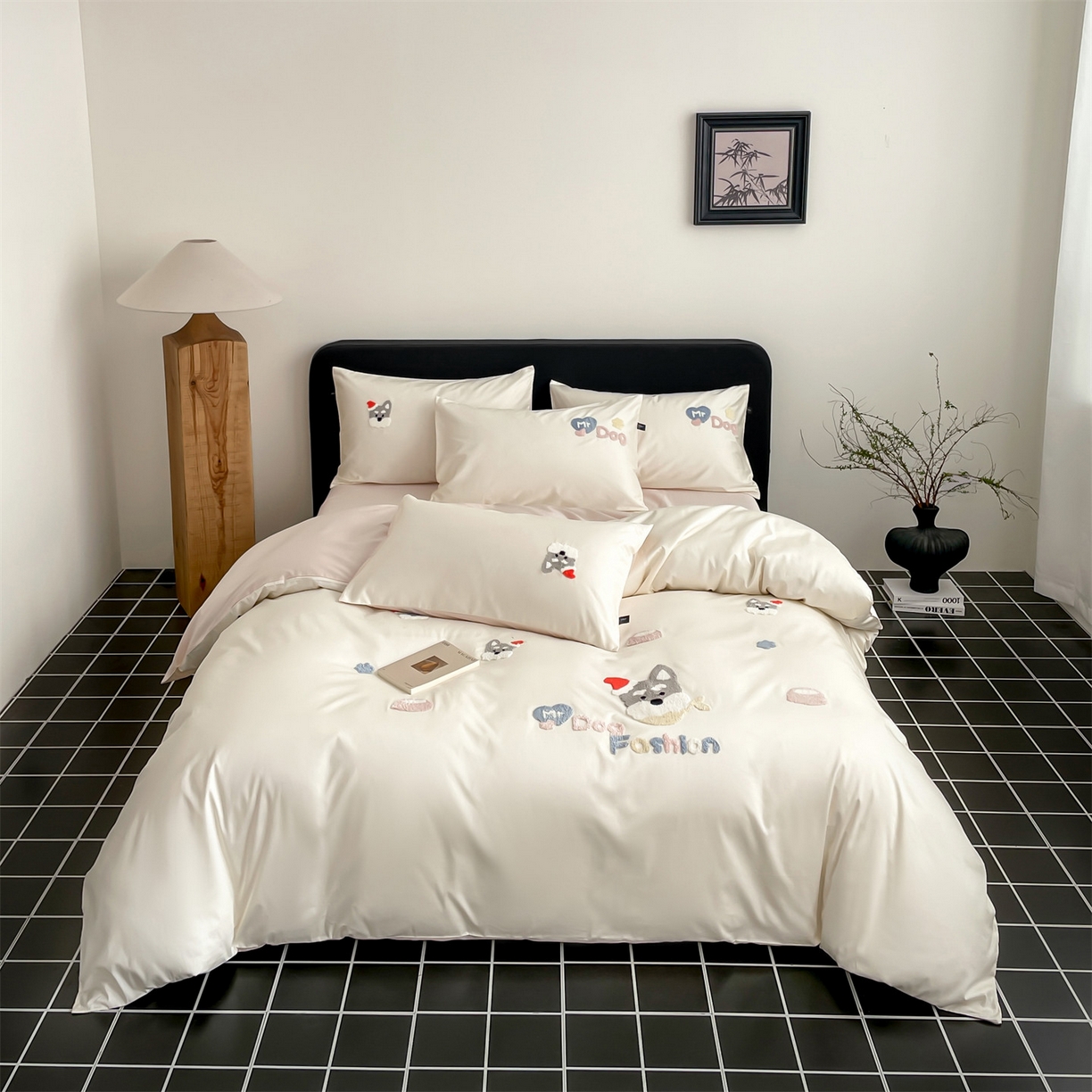 91家纺网 家纺一手货源 找家纺 蓝米卡夫 2026春季新款-100S长绒棉毛巾绣系列四件套-雪纳瑞（礼盒） 雪纳瑞-芝士粉芋