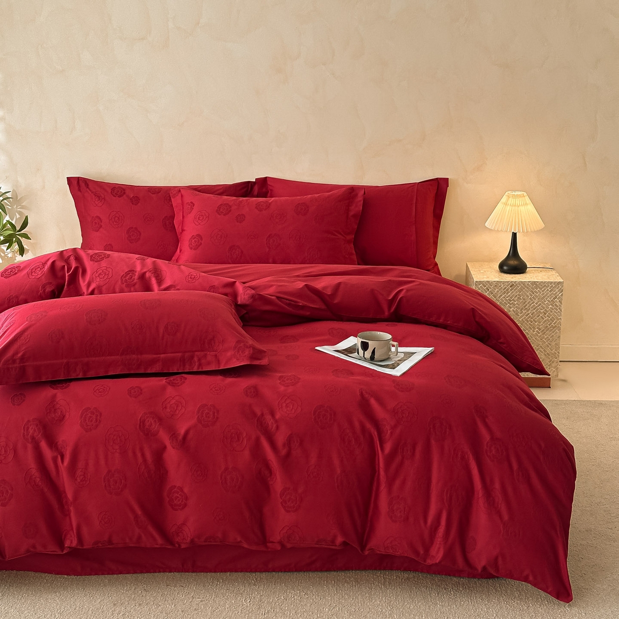 91家纺网 家纺一手货源 找家纺 禾时 2026新款60S全棉立体亮面提花四件套（券后价不低于258/288/278/298） 山茶花之恋