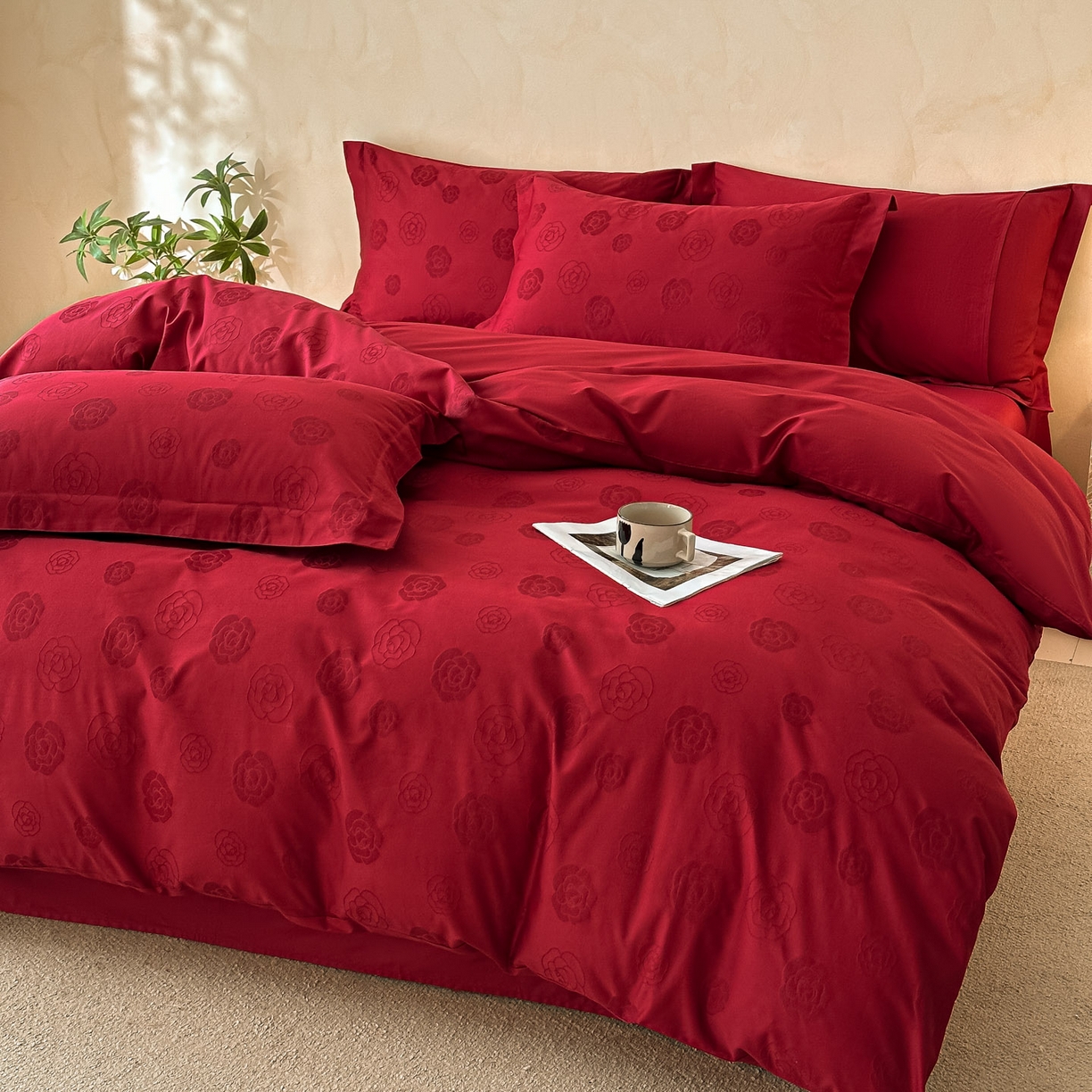 91家纺网 家纺一手货源 找家纺 禾时 2026新款60S全棉立体亮面提花四件套（券后价不低于258/288/278/298） 山茶花之恋