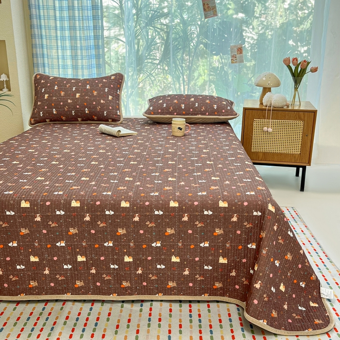 91家纺网 家纺一手货源 找家纺 欣宜家纺 2026新款全棉纱布加宝宝绒填充棉花床盖三件套 南瓜小狗