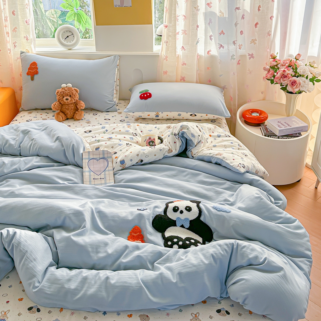 91家纺网 家纺一手货源 找家纺 佳鸿家纺 2026新款彷棉云朵棉毛巾绣四件套学生宿舍三件套萌宠系列（提供买家秀） 熊猫宝宝
