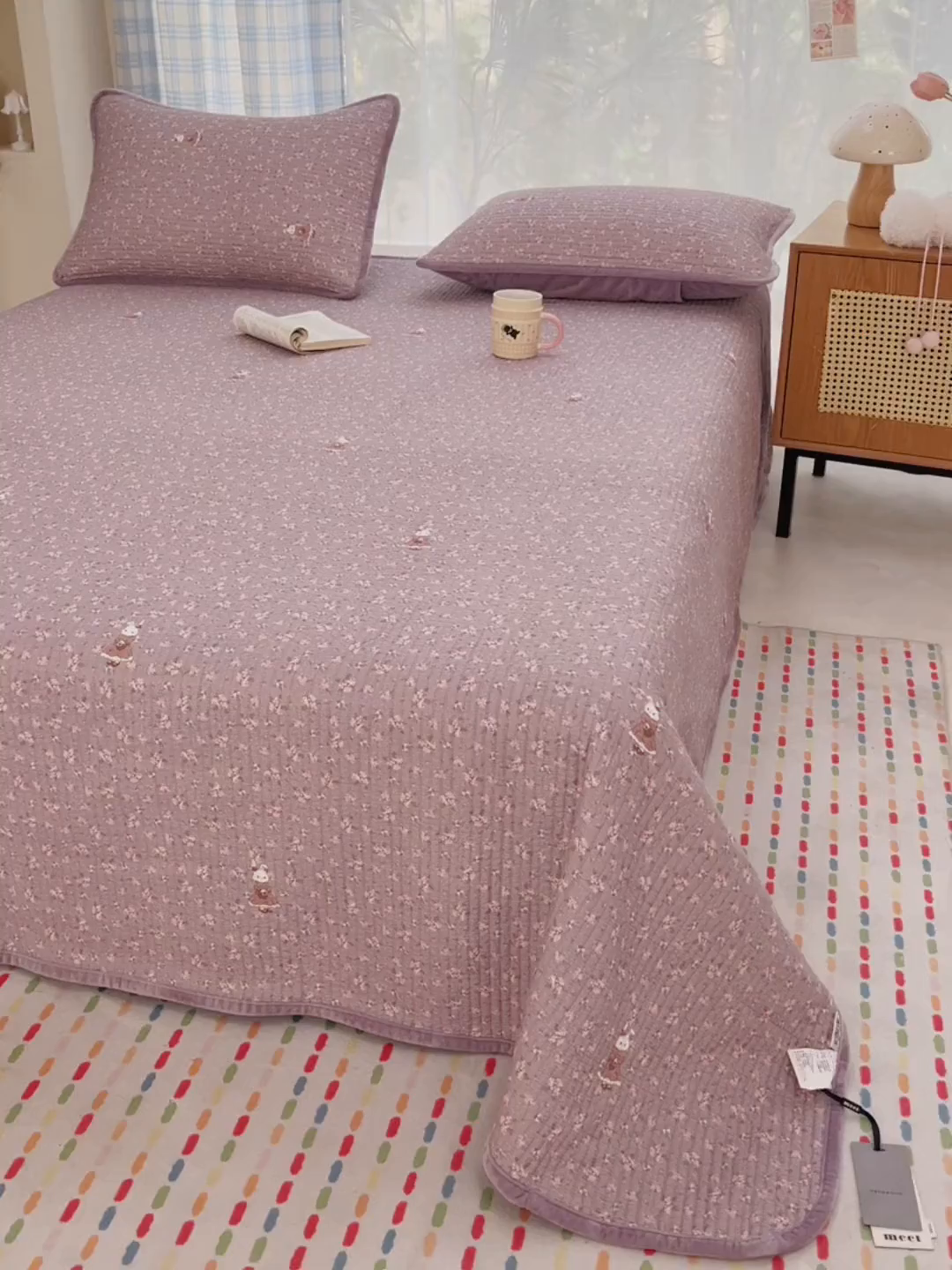 91家纺网 家纺一手货源 找家纺 欣宜家纺 2026新款全棉纱布加宝宝绒填充棉花床盖三件套 蔷薇小兔-芋